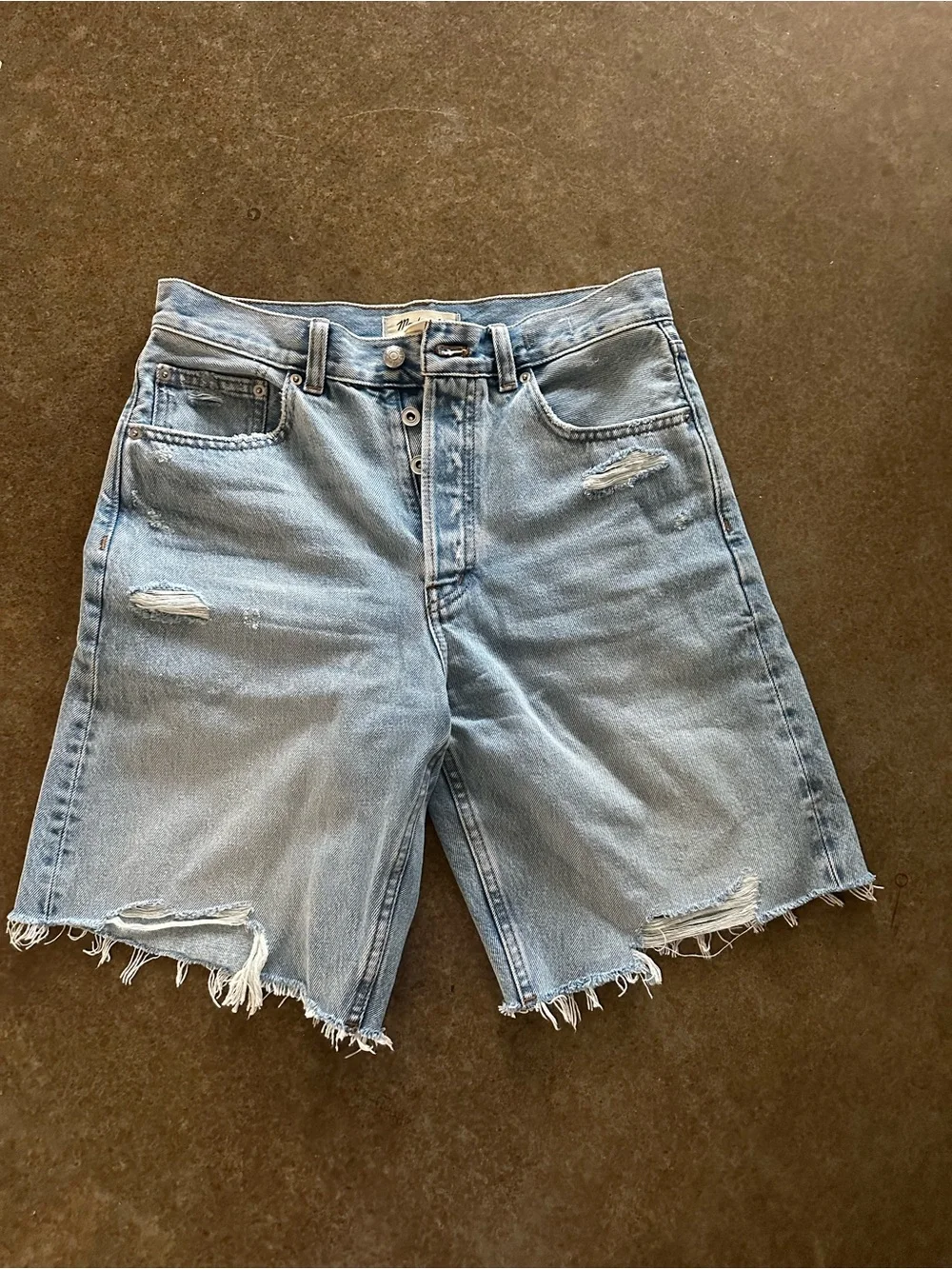 Madewell Essex Long Baggy Shorts Light Blue Distressed Denim Shorts